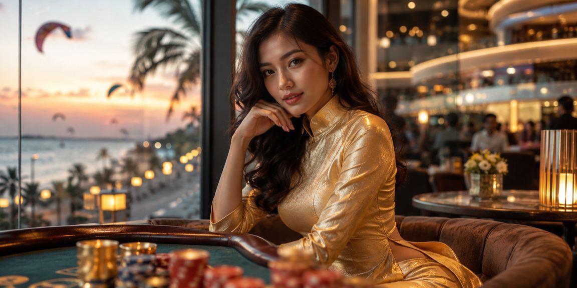 Người phụ nữ mặc áo dài tại Mũi Né thư giãn và tham gia baccarat trực tuyến trên điện thoại